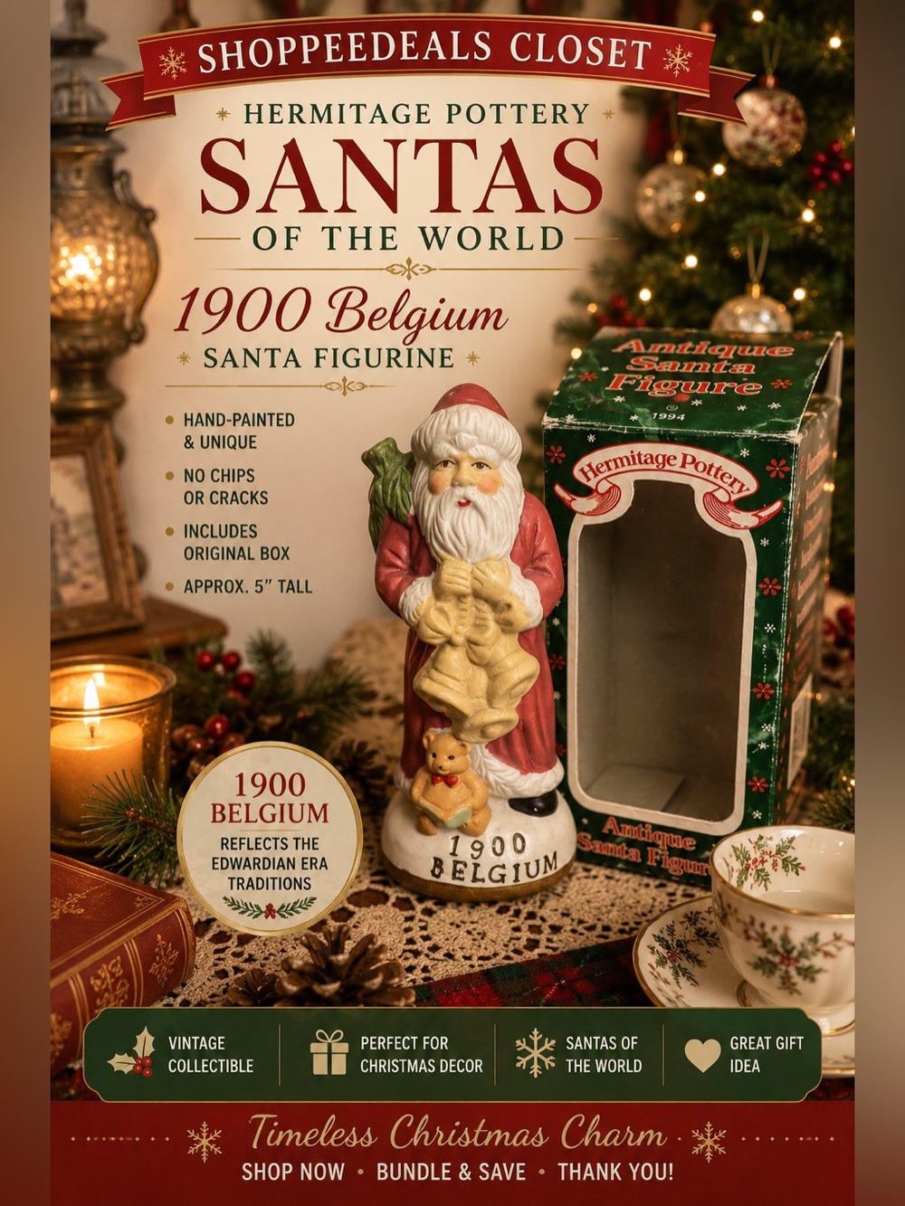 Hermitage Pottery Santas of the World 1900 Belgium Santa Figurine 5โ w/ Box